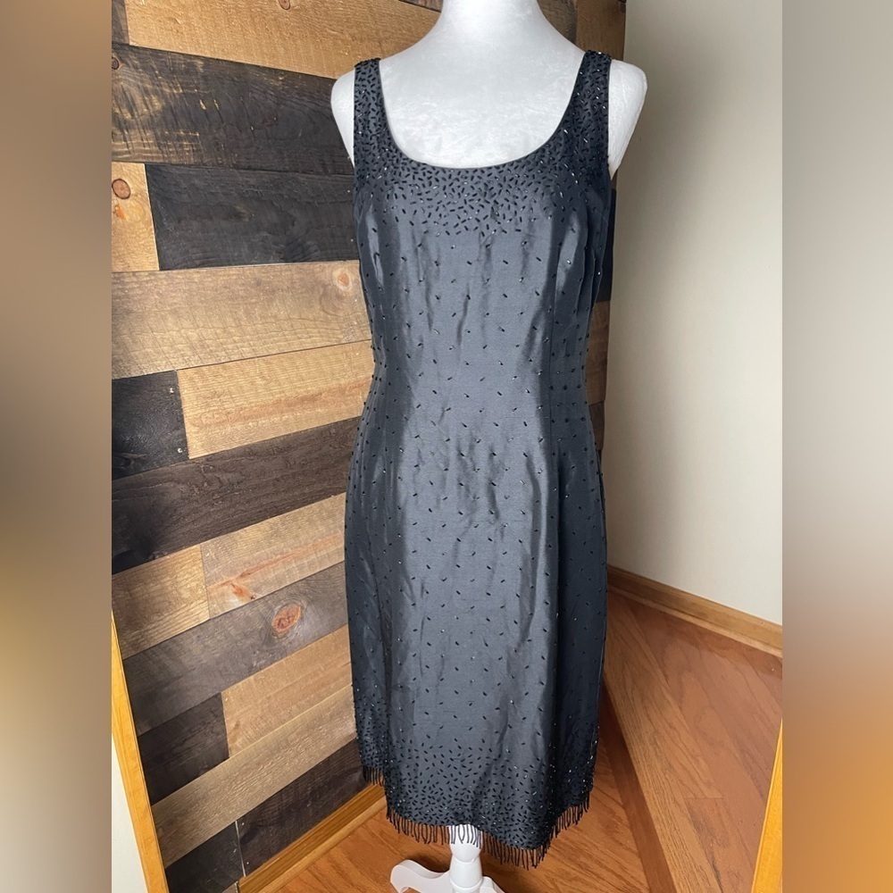 Ann Taylor Vintage sleeveless beaded Fringe hem Cocktail black Silk dress 6